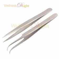 2 Pc Best Tweezers For Eyelash Extension Straight & Curved Tweezers Sliver Color