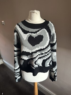 Damen Shein grau, schwarz, weiß Herz langärmeliger Strickpullover Größe L