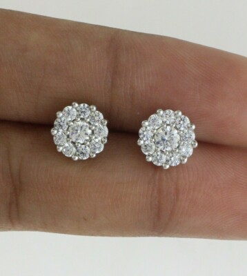 Cluster Stud Earrings 0.81 Ct Round Cut Natural Diamond Solid 14K White Gold
