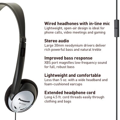 Panasonic Headphones On-Ear Lightweight Earphones with Microphone