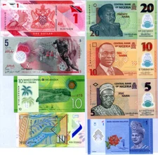 World Polymer Banknotes Set 8 Pcs Lot Different Notes From 6 Countries All UNC