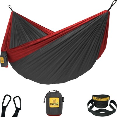 Wise Owl Camping Hammock W/Tree Straps, Medium - Charcoal & Red up to 500lbs