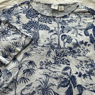 Joie Linen Elbow Sleeve Tropical Top Sz XL White Blue Casual Light Resort Shirt