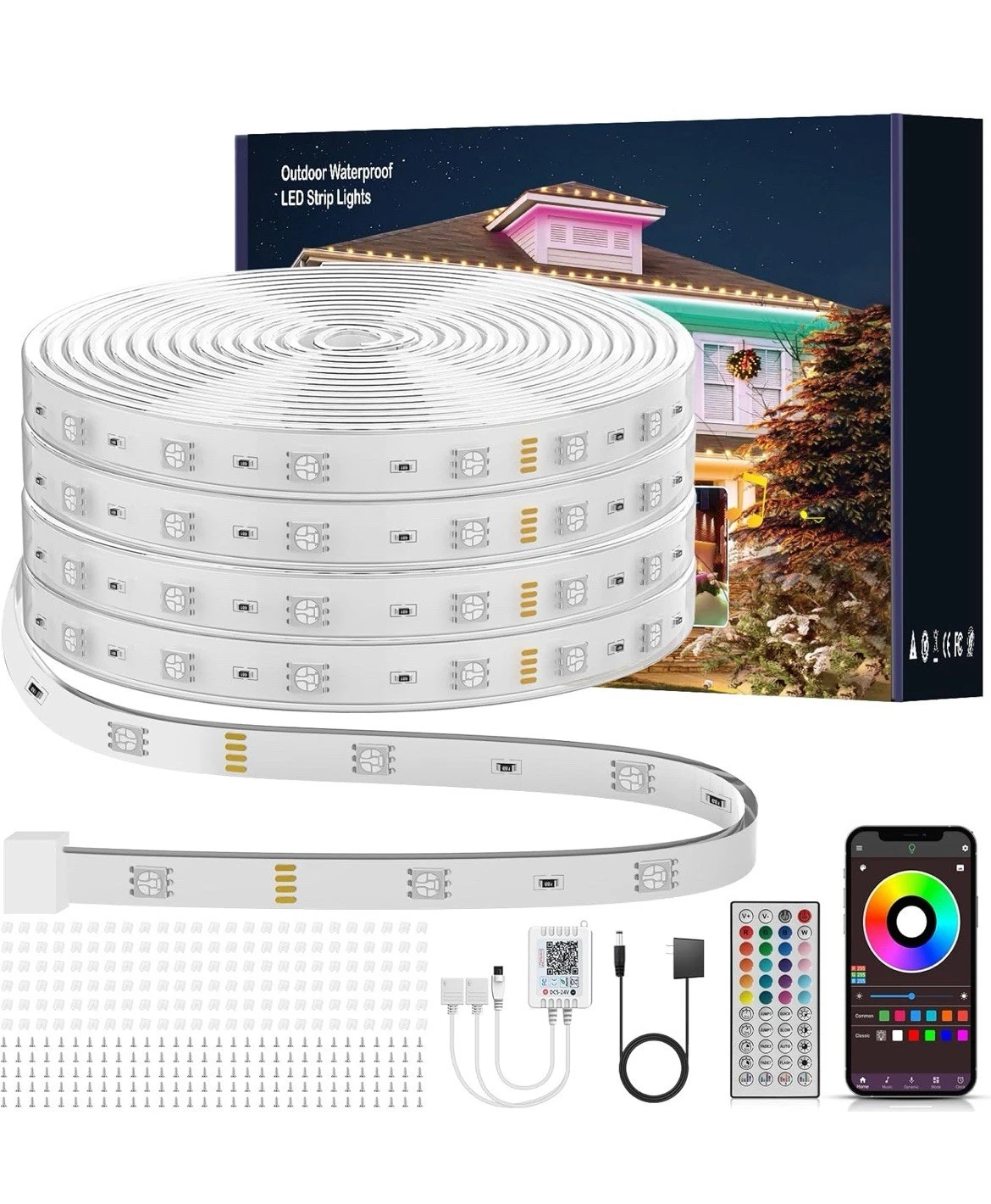 300ft Outdoor LED Strip Lights Waterproof IP68 App Remote, Music Sync RGB