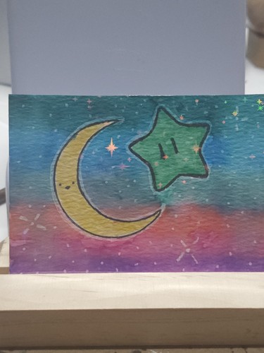 ACEO CARD Original Moon Stars Fantasy Art  Paper Holographic ShieldMaidenLeah 