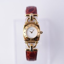 Vintage Gucci Ladies 6300L Horsebit White Dial Gold Watch w/ Brown Leather Strap