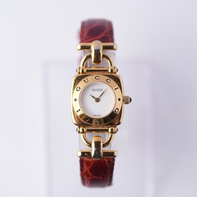 Vintage Gucci Ladies 6300L Horsebit White Dial Gold Watch w/ Brown