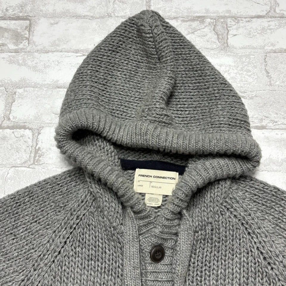Suéter French Connection Para Hombres Grande Gris Cárdigan Sudadera con Capucha Tejido Abotonado FCUK Foto 4 de 4
