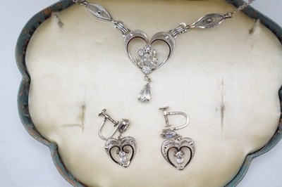 Vintage AmLee Sterling Silver Heart Necklace Earrings Set w/ Box 1950s