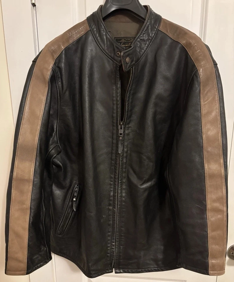 "Chaqueta de cuero Johnson Leathers Racer negra con rayas marrones talla XXL 52"" pecho" Foto 2 de 4