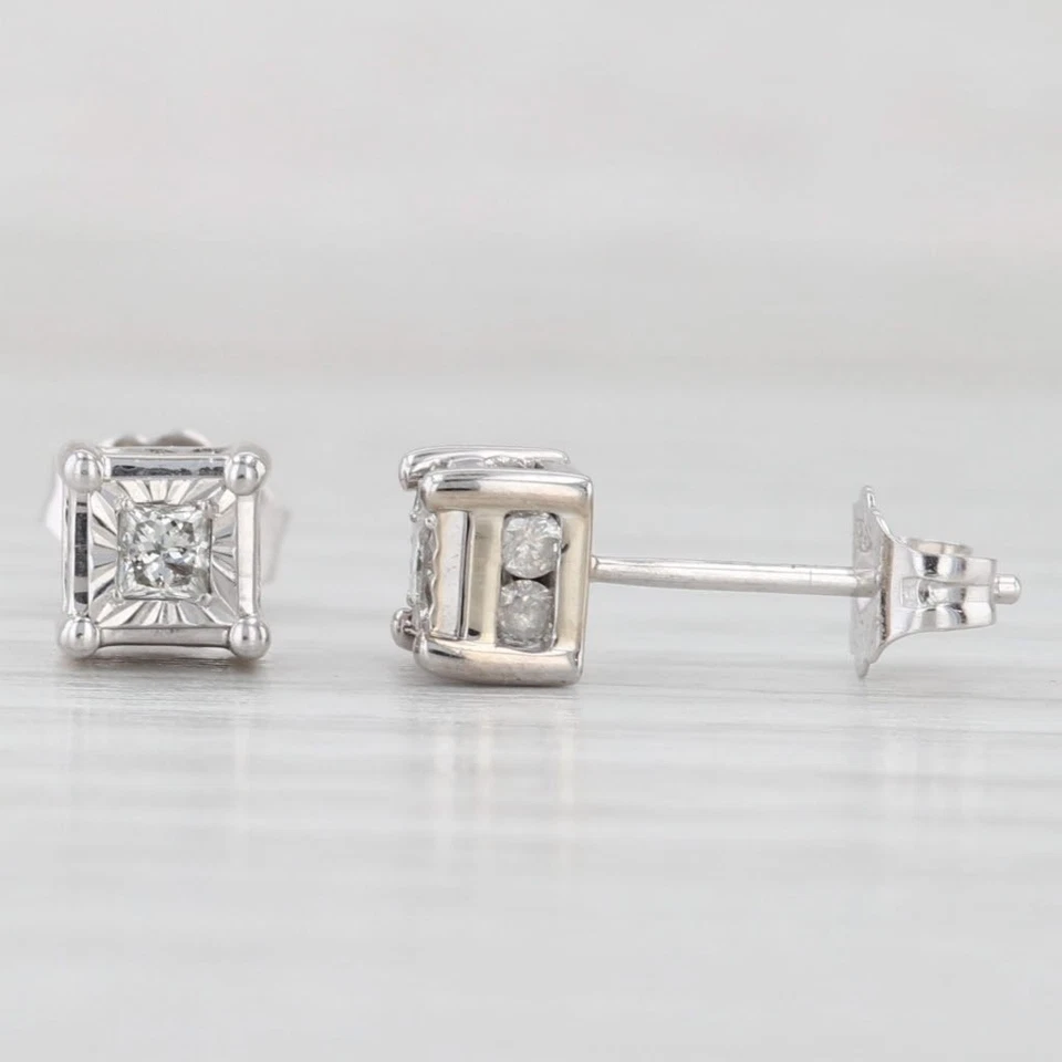 0.16ctw Princess Diamond Stud Earrings 14k White Gold Solitaire Studs - Image 2 of 4