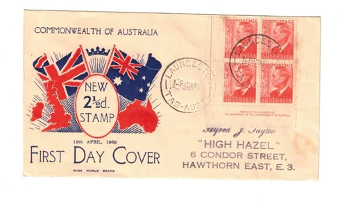Australia 1951 2 1/2d GeoV! IMPRINT BLOCK on WIDE WORLD  FDC,cds LAUNCESTON Tas