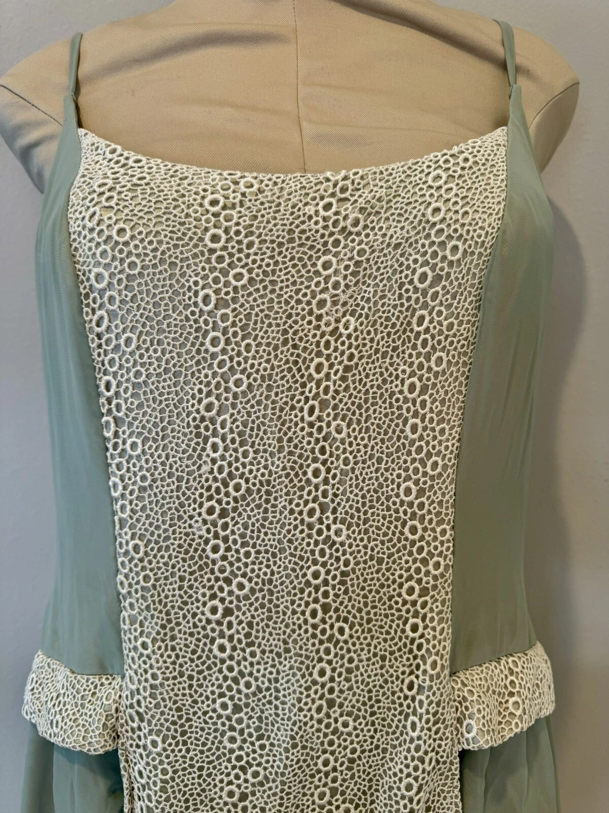 OFF WHITE Abito Midi fatto a mano vintage anni '90 XL cinturino flusso foderato in seta verde chiaro e bianco sporco