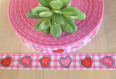 7/8'' (1 YD) Valentine's Day Grosgrain Ribbon Candy Hearts Pink Gingham Ribbon