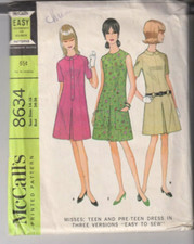 8634 McCALLS c.1966 - Princess Seam DRESS in 3 Versions - Teen Sz 14/16 B 34/36"