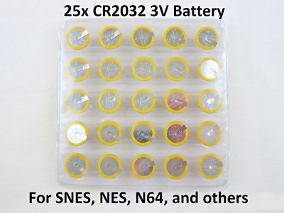 25 Replacement Save Battery Super Nintendo NES SNES CR2032 Tabbed Tab Batteries
