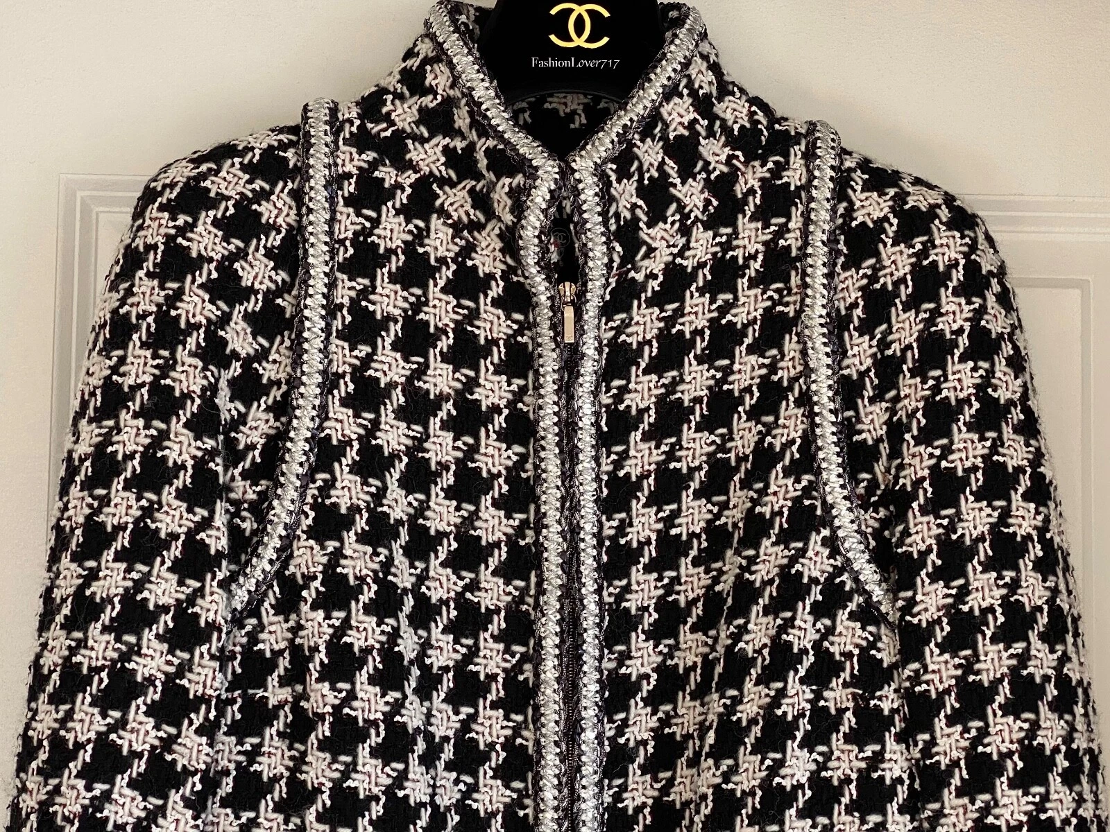 GIACCA CHANEL 17A RUNWAY NERA BIANCA HOUNDSTOOTH ARGENTO TRECCIA 38