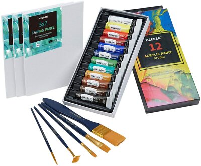   20-teiliges Acrylmalset - 12 Farben, 5 Pinsel, 3 Leinwände
