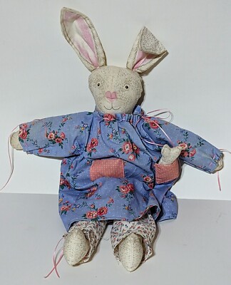 Vintage 1980s Handmade Cotton Plush Stuffed Rabbit with Cat in Dress Pocket, 16''