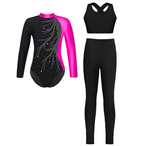 Kids Girls Set Leotard Suit Dance Outfit Keyhole Back Costume Shiny Mock Neck - Picture 17 of 32