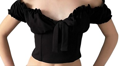 Edge Street Ruffle Trim Off Shoulder Tie Front Milkmaid Crop Top Black Size 14