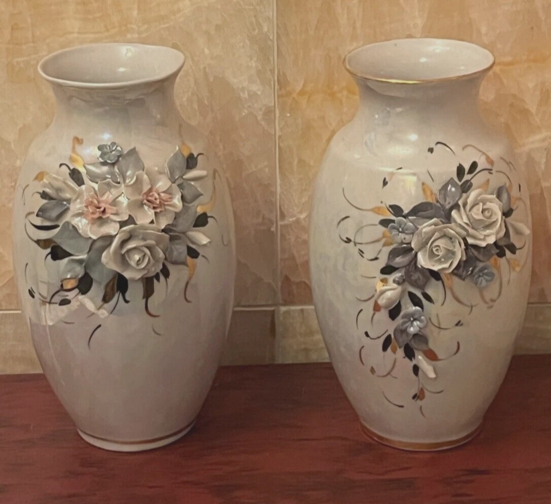 TWO VINTAGE IRIDESCENT VASES with 3D FLOWERS DESIGN & GOLD TRIM 7 1/4" TALL