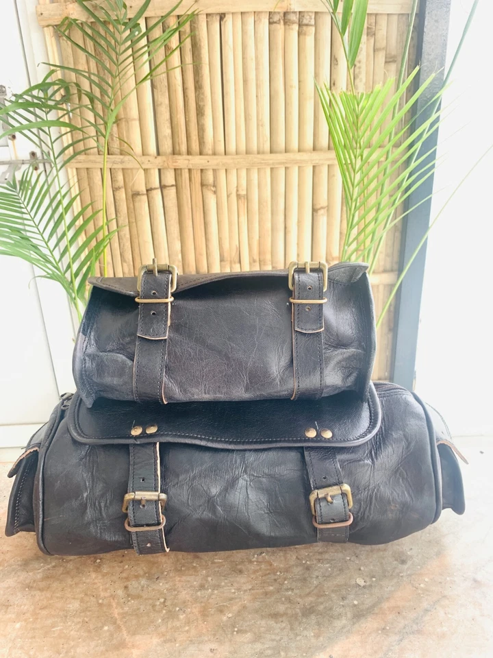 New Black Genuine Leather Motorcycle Bag Vintage Strap Tool 1 Large 1 Small Bag - Image 2 of 4