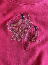 Vtg Womens Embroidered Cardinal Nature Bird Holly Branch Crew Neck Sweatshirt L