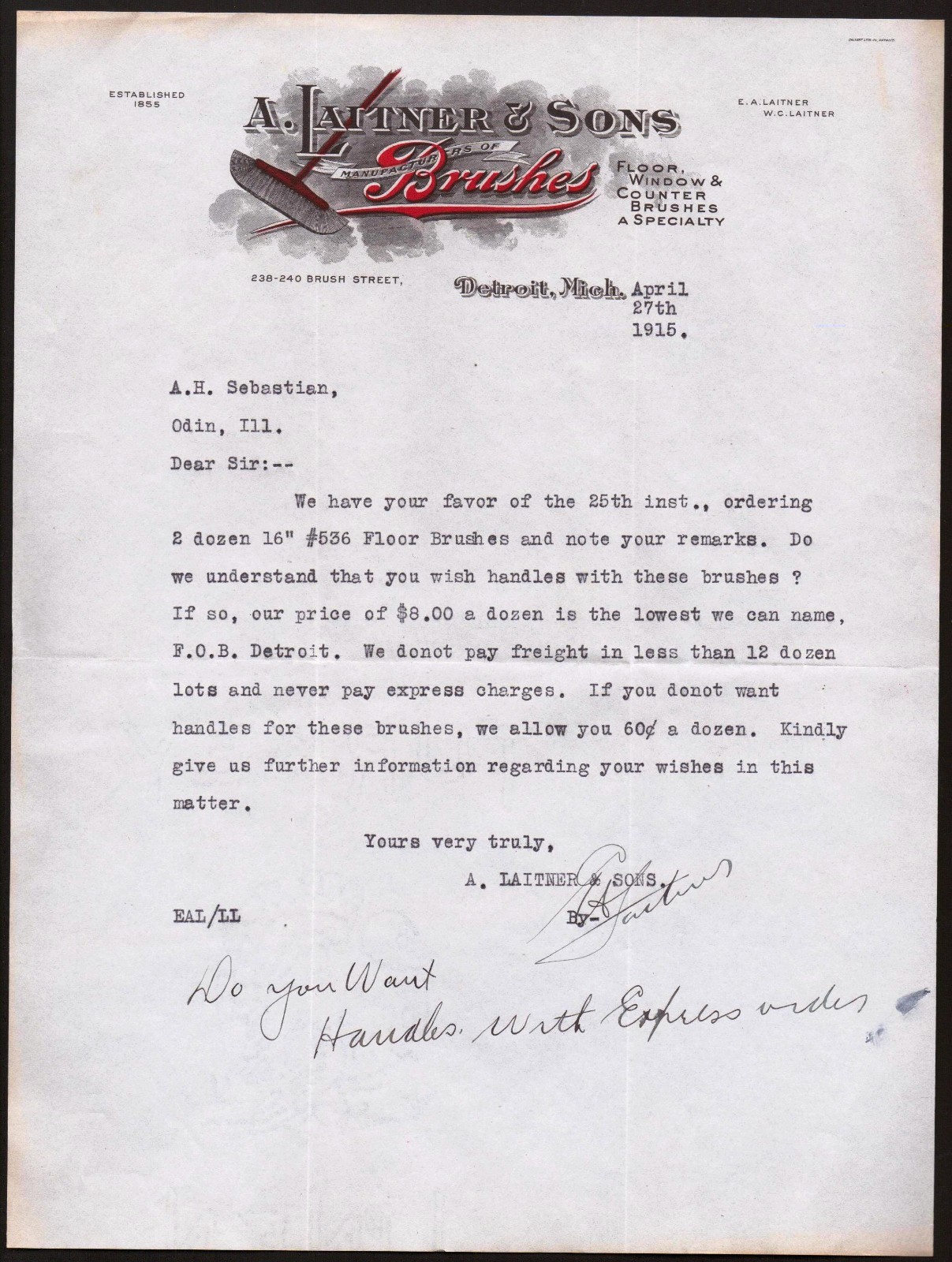 1915 Detroit  -  A Laitner & Sons -- Brushes  -  Color Vintage Letter Head Bill