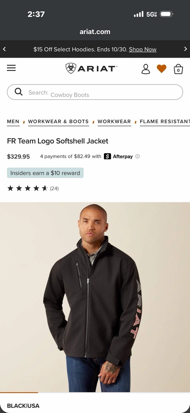 Ariat FR Team Logo Softshell Jacket Mens L 44in Chest Black Zip Polyester - product detail image 4