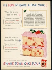 1955 Swans Down Cake Flour Xmas Cranberry Holly Cake recipe vintage print ad