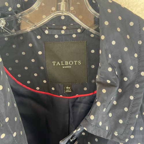 TALBOTS Navy Polka Dot Spring Rain Coat Pockets Hidden Button Placket Size 18W - Picture 4 of 11