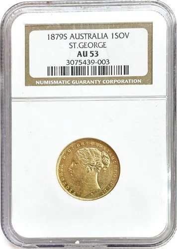 1879 S GOLD AUSTRALIA YOUNG HEAD SHIELD SOVEREIGN NGC ABOUT UNC 53