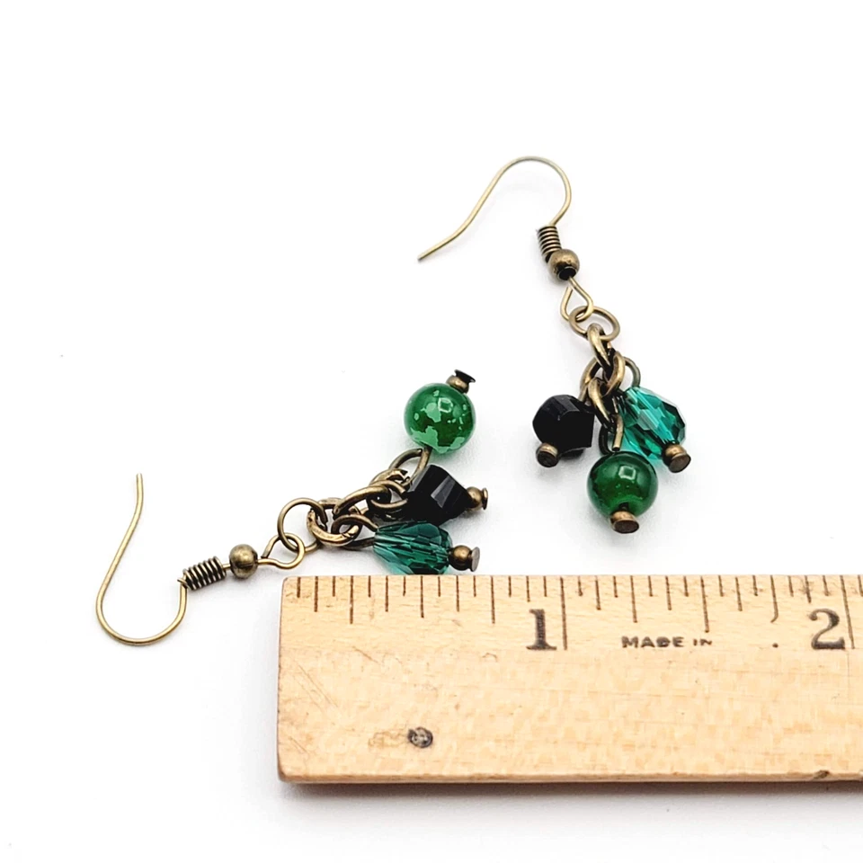 Pendientes perforados con cuentas de vidrio negro verde tono bronce colgantes 1 pulgada Foto 2 de 4