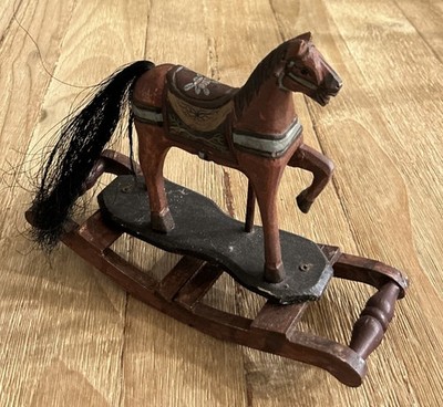 Vintage Hand Carved Wooden Rocking Horse Folk Art Toy Decor Rustic Primitive