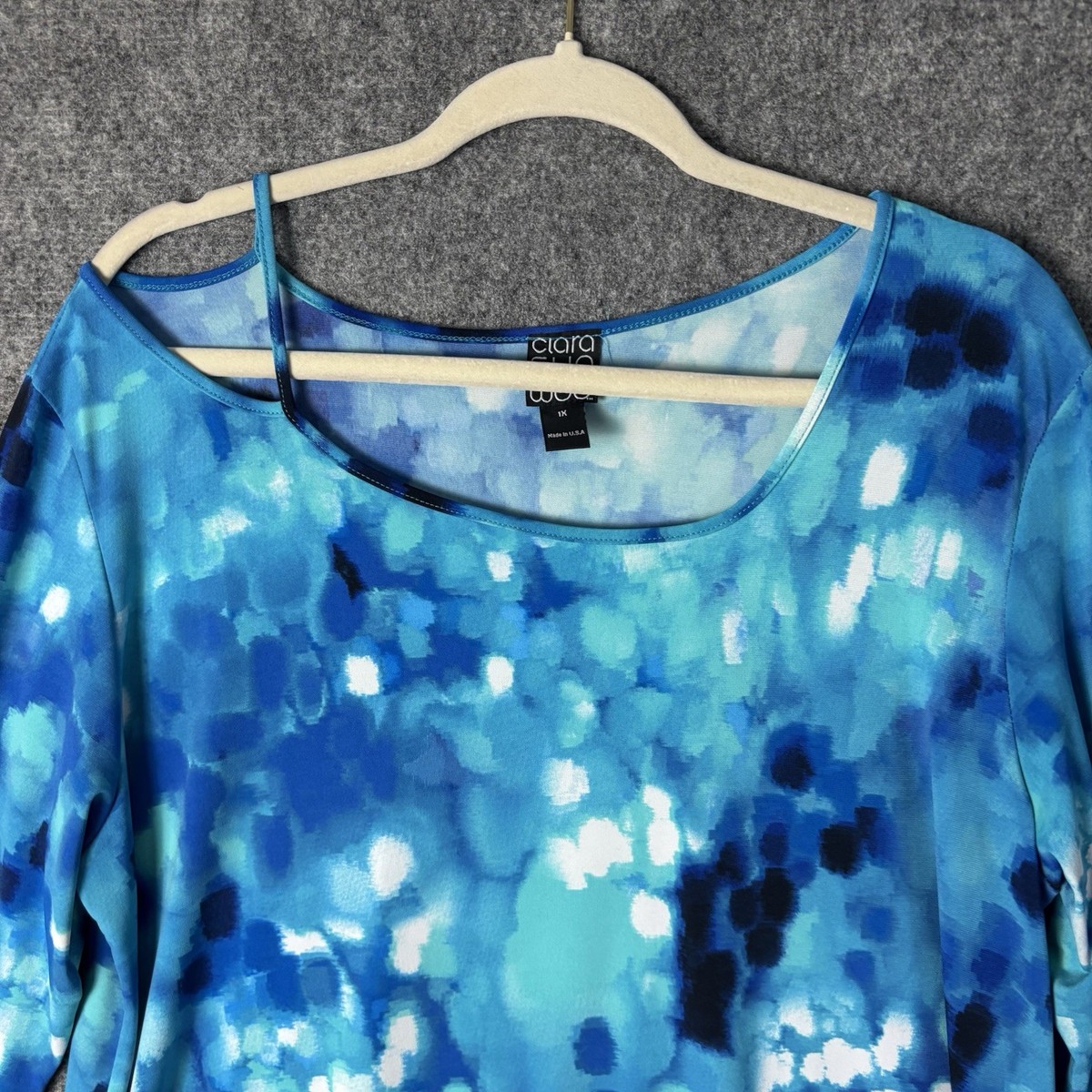トップス A Clara Sun Woo Top Women's 1X Blue Print Tunic Asymmetric 3/4