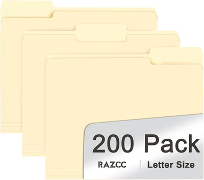 File Folder,  200 Pack 1/3 Cut Tab File Folders Letter Size, Manila Folders, Fol