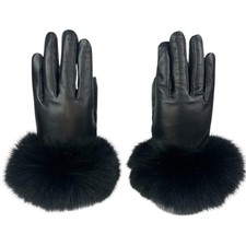 Black LAMB LEATHER w/BLACK FOX Gloves, Sz 9, Certified Vintage Fur