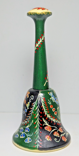 Tole Work Wooden Bell Green Black Red Yellow Blue Folk Art Birds Flowers - Picture 3 of 9