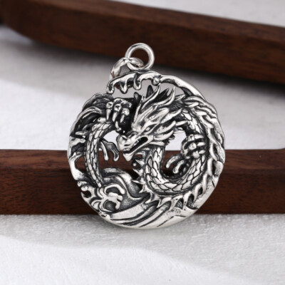 S925 Sterling Silver CHINESE DRAGON & OCEAN WAVES Pendant Round Openwork Amulet