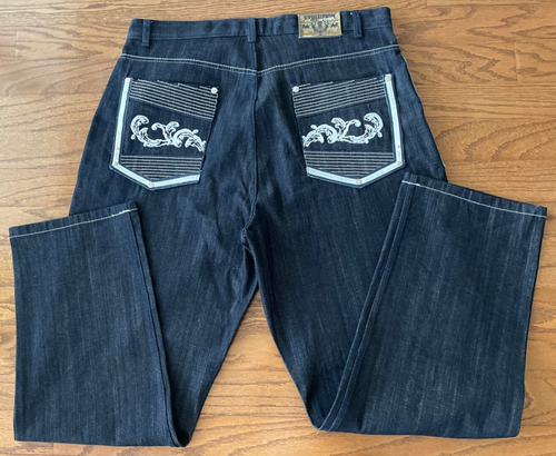 EVOLUTION IN DESIGN Black Denim Baggy Jeans Embroidered Men's Tagged 42x34