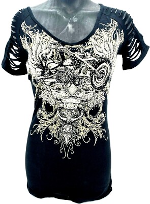 PLATINUM PLUSH MOTORCYCLE PRINT WITH LAZOR CUT SLEEVE SHIRT W/RHINESTONES #2242