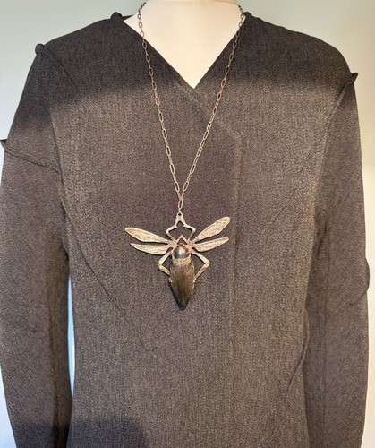 Vintage Large REAL Beetle Euchroma Giganteum Sterling Silver Necklace - Picture 4 of 24