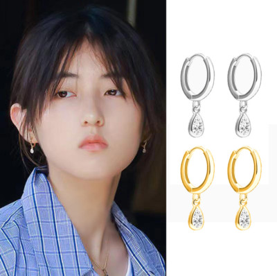 925 Sterling Silver Teardrop Cz Bezel Charm Huggie Hoop Earrings