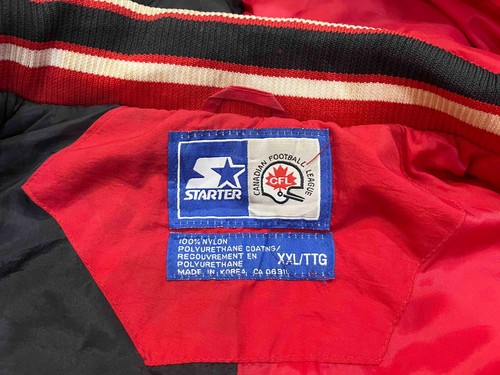 Vintage Starter CFL Calgary Stampeders Full Zip Felpa con Cappuccio Puffer Jacket XXL Rosso - Foto 3 di 17