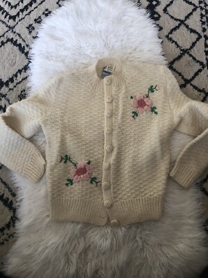 VTG BEST & Co Pure Wool Hand Knitted In England  Cardigan Embroidered Roses E8