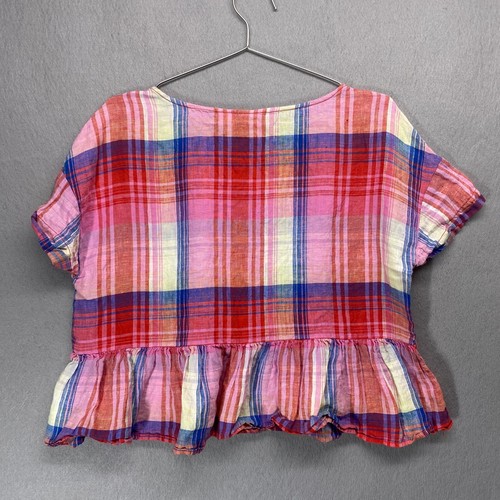 C&C Shirt Womens Medium Pink Plaid Linen Pullover Ruffle Boho Preppy Cropped - Picture 9 of 10