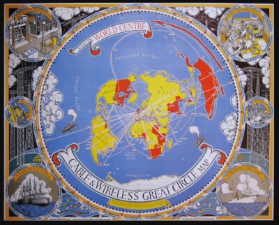 Cable and Wireless Great Circle Map by MacDonald Gill   Flat Earth Projection