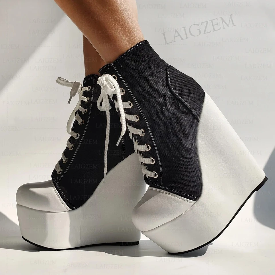 Stivaletti donna plateau zeppe lacci patchwork punta tonda aumento altezza - Immagine 4 di 4