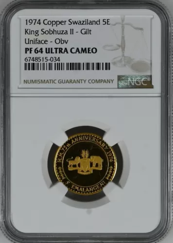 SWAZILAND 5 Emalangeni 1974 Copper Gilt NGC PF64 Uniface Trial Obverse